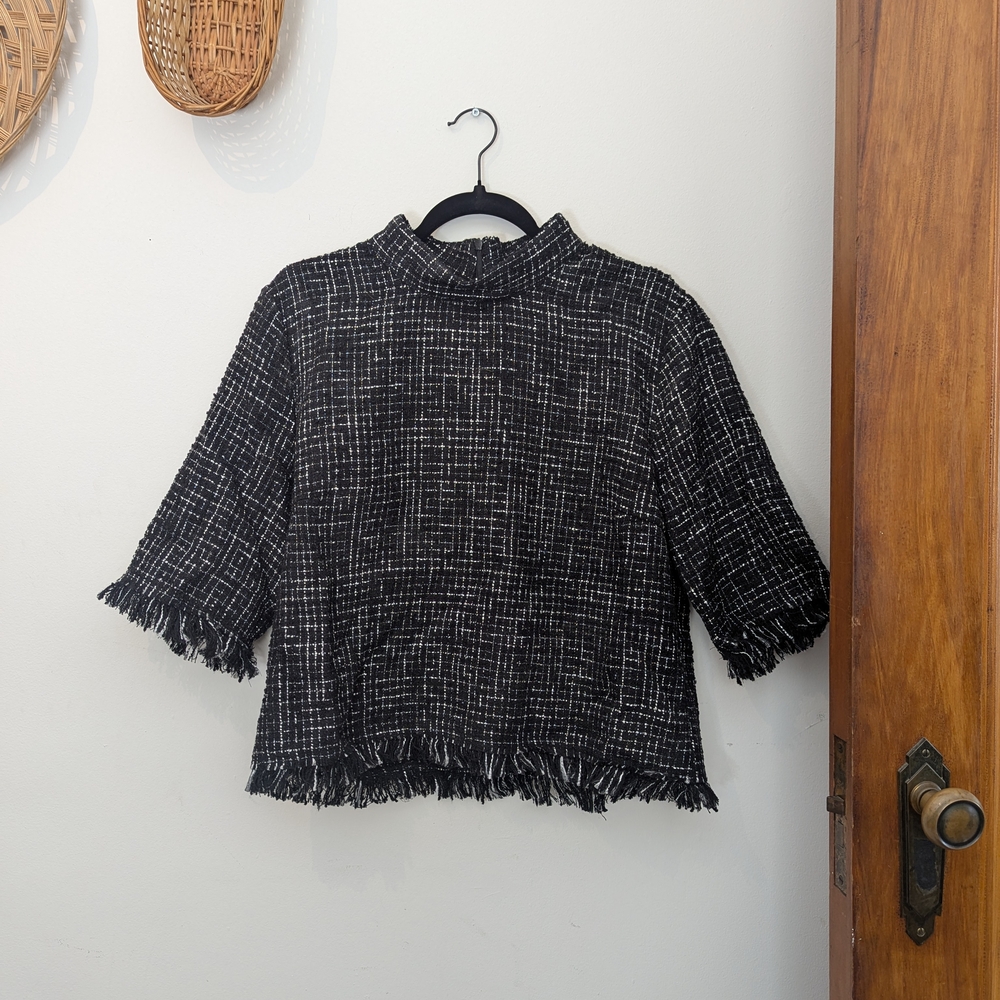 Zara Black and White Tweed Fringed Blouse
